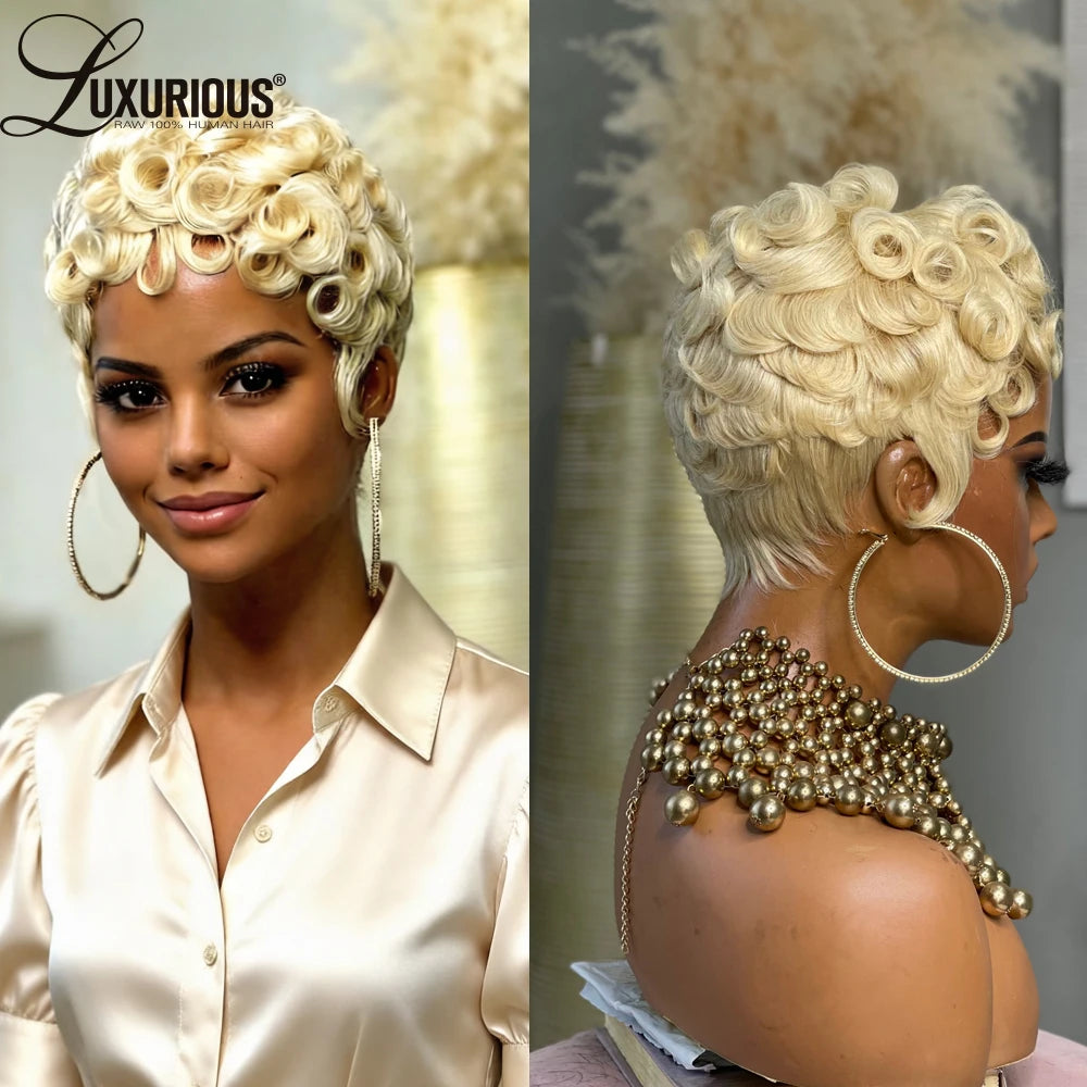 613 Blonde Wig Pixie Cut Human Hair Wig Short Bob Full Machine Made Wigs with Bangs Virgin Brazilian Wig for Women 180% Density