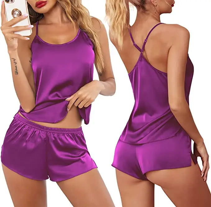 Conjuntos de pijama de satén y encaje sexy para mujer, ropa de dormir, tops sin mangas + pantalones cortos, conjuntos de 2 piezas de pijama para mujer