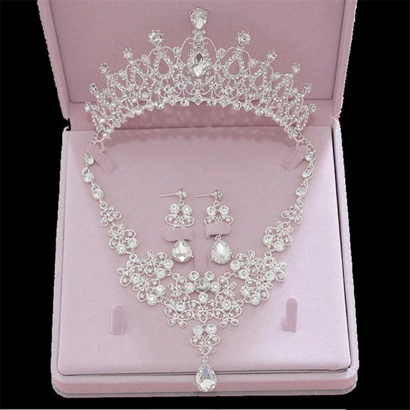 Bridal Jewelry Sets Crown Necklace Earrings Four Pack Silver Colour Women's Fashion Wedding Tiaras(excluding boxes)