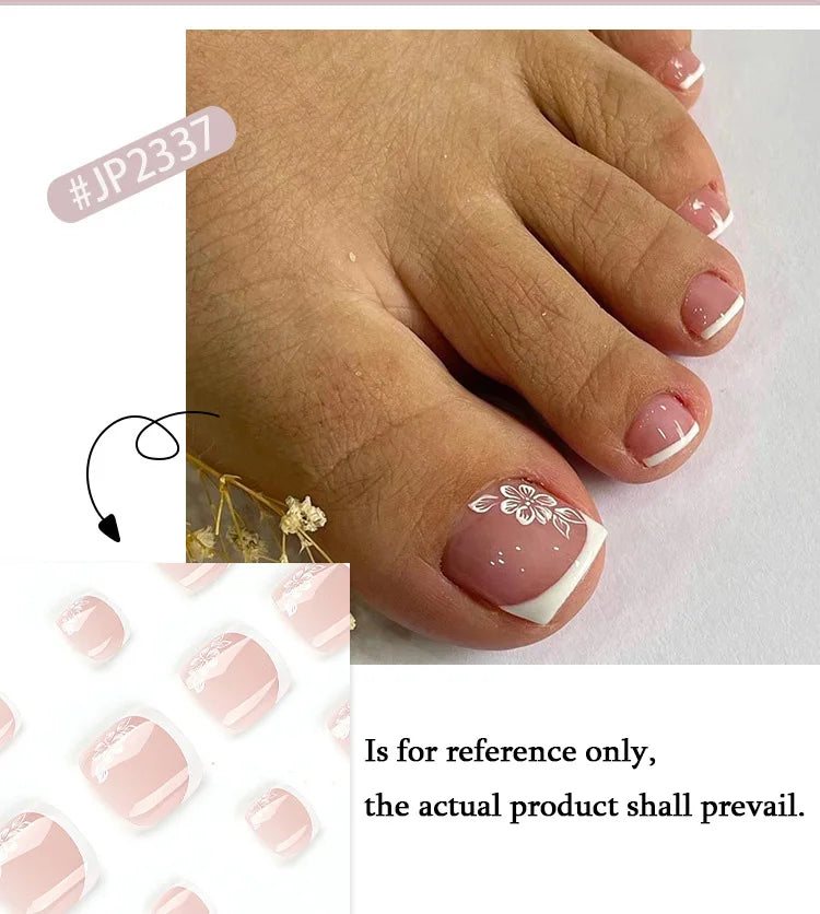Flores Blancas Uñas Postizas Artificiales Francesas Nude Rosa Uñas Falsas para Pies con Pegamento Uñas Postizas Cortas Planas para Pies al por Mayor