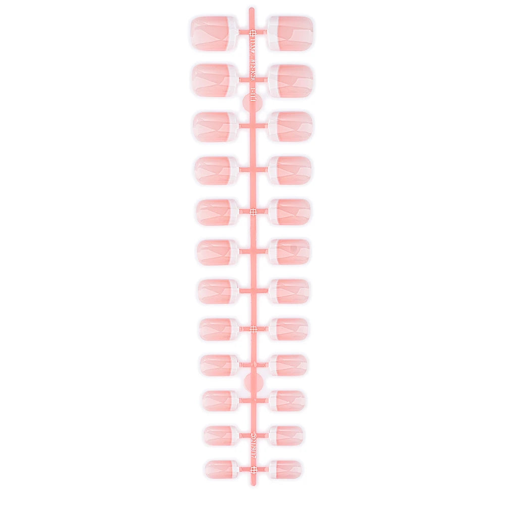 24 stk. franske firkantede runde falske negler, naturlig nude/rosa presse-on negletupper med hvite kanter, slitesterke heldekkende negler