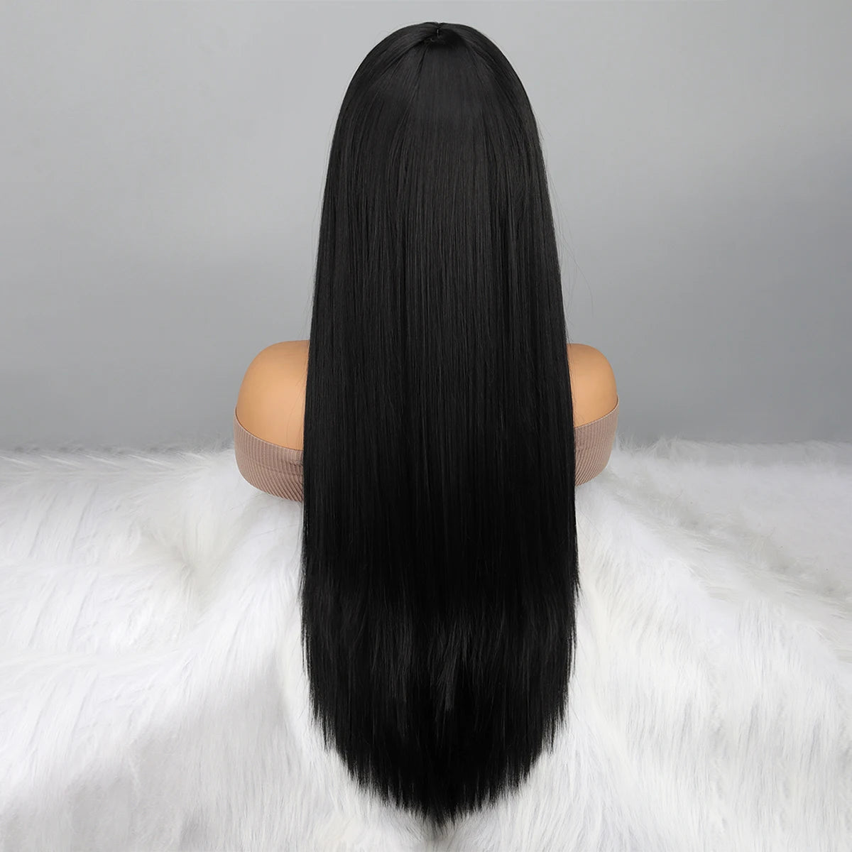 Long Straight Remy Hair Wigs Natural Black Heat Resistant Fiber Hair Full Machine Wig with Bangs Cosplay Party Wig For Fashion