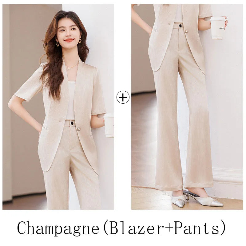 Damebuksedress med belte Sommer Kortermet V-hals Blazer og bukser Sett Elegant Kontorarbeidstøy Lilla Mote 2025