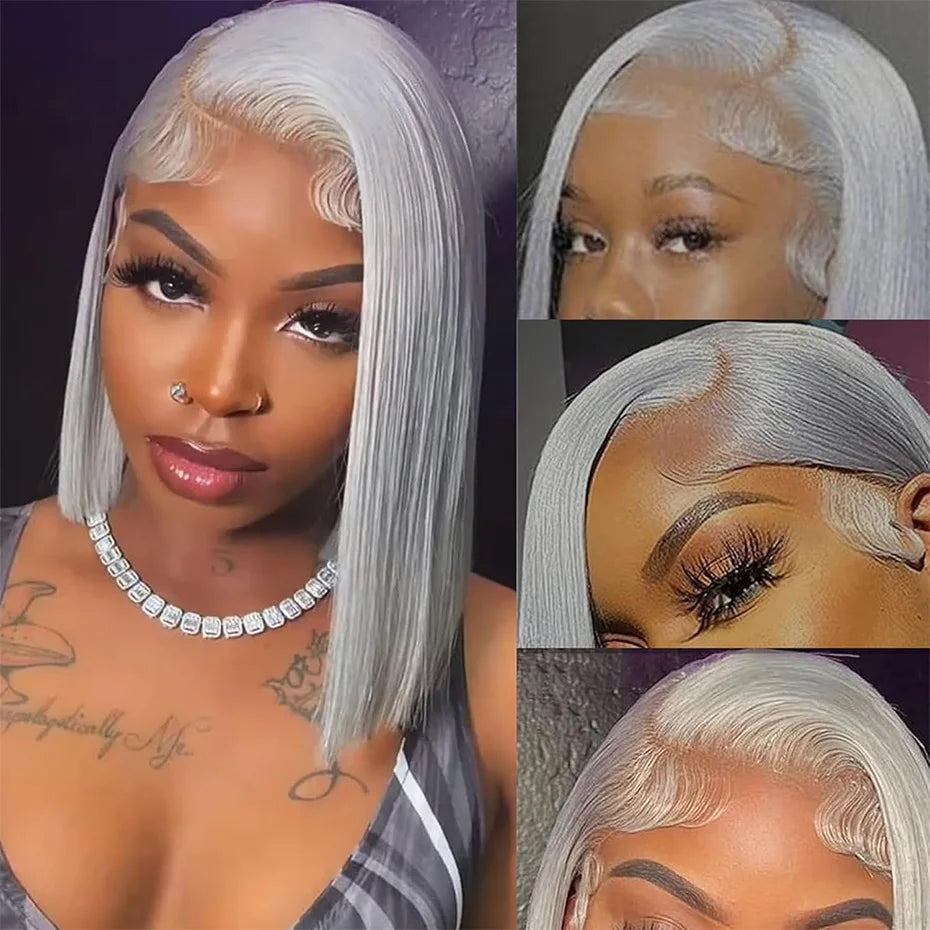 Silver Grey Bob Wigs Human Hair 13x6 HD Lace Frontal Wig Vietnamese Raw Short Straight Blunt Cut 613 Lace Frontal Wigs for Women