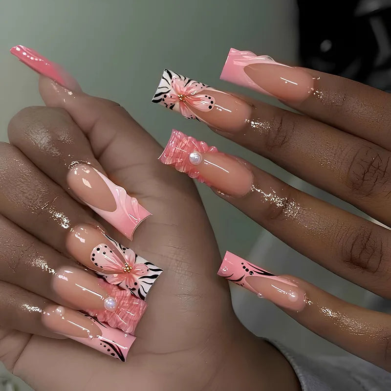 24 Uñas postizas largas a presión, de cobertura completa, con diseño de mariposa francesa, forma de ataúd, purpurina, pequeños diamantes, manicura portátil, puntas de uñas artificiales