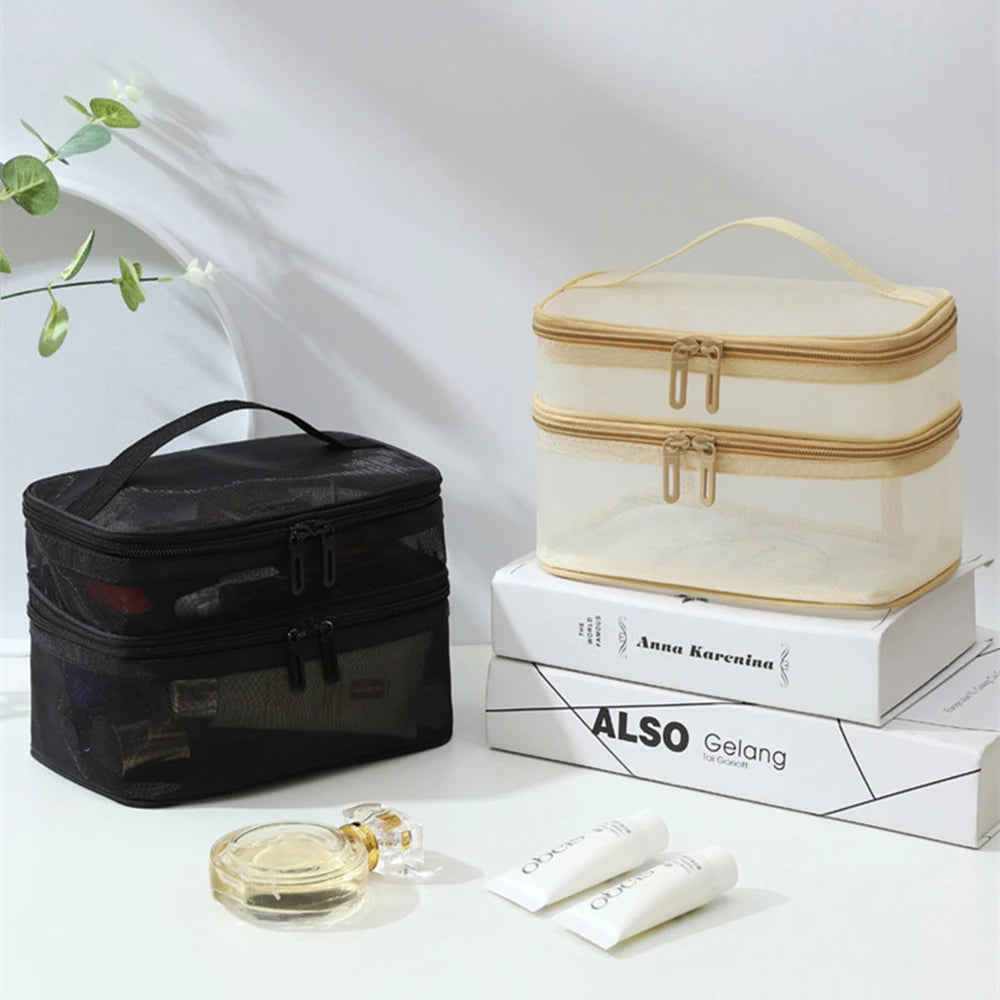 Trousse de maquillage en maille double couche, trousse de toilette, sac de rangement portable grande capacité pour femme, sac de rangement pour cosmétiques