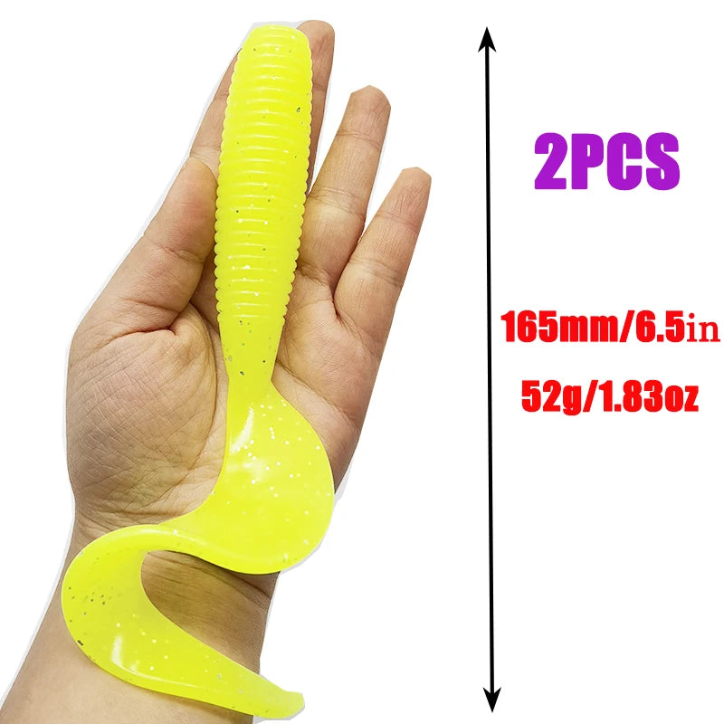 2 unidades de señuelos de pesca de 165 mm/6,5 pulgadas/52 g, señuelos artificiales blandos, equipo de pesca con cola de lubina