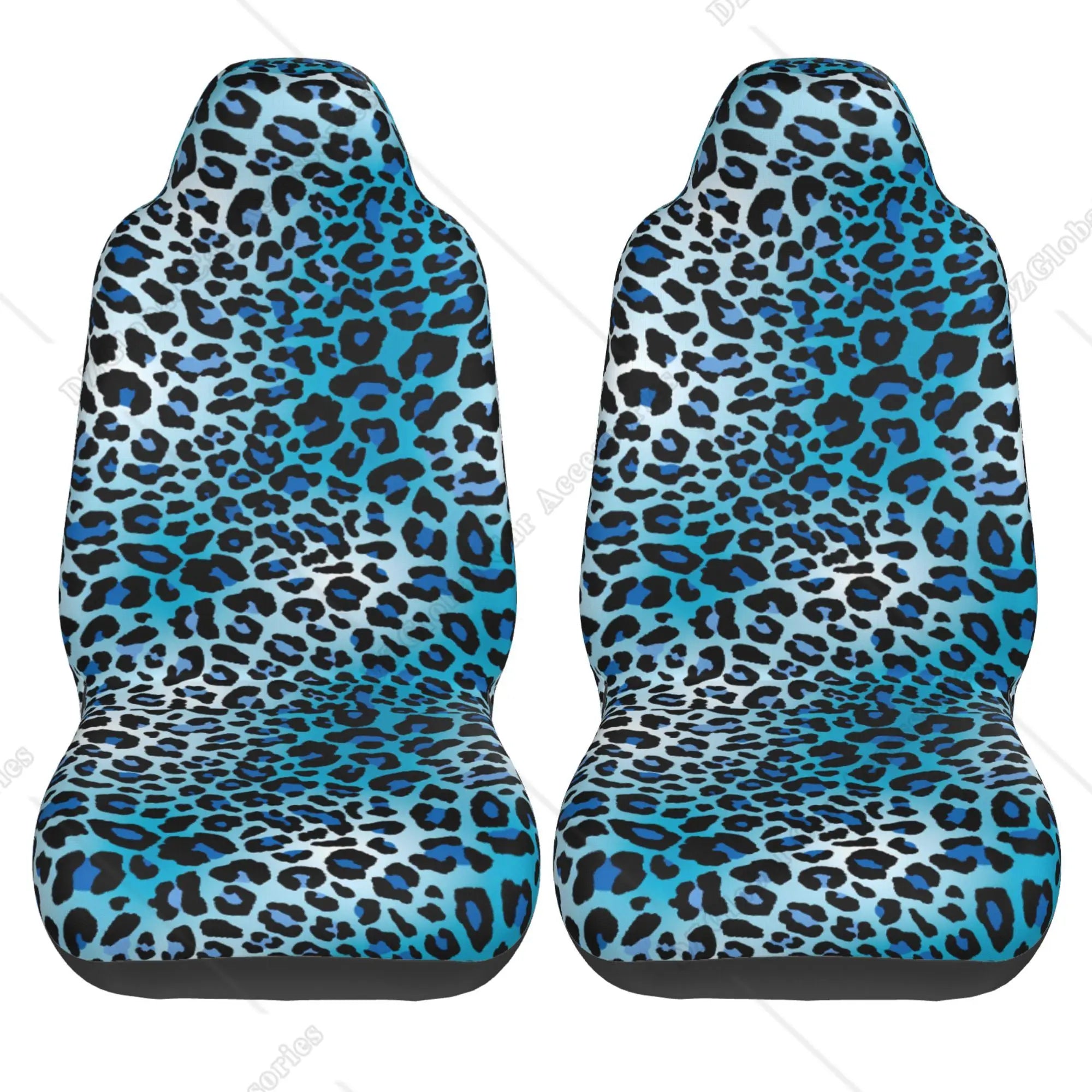 Housses de siège auto à imprimé léopard bleu pour hommes et femmes. Confortables et universelles, elles protègent les sièges avant baquets.