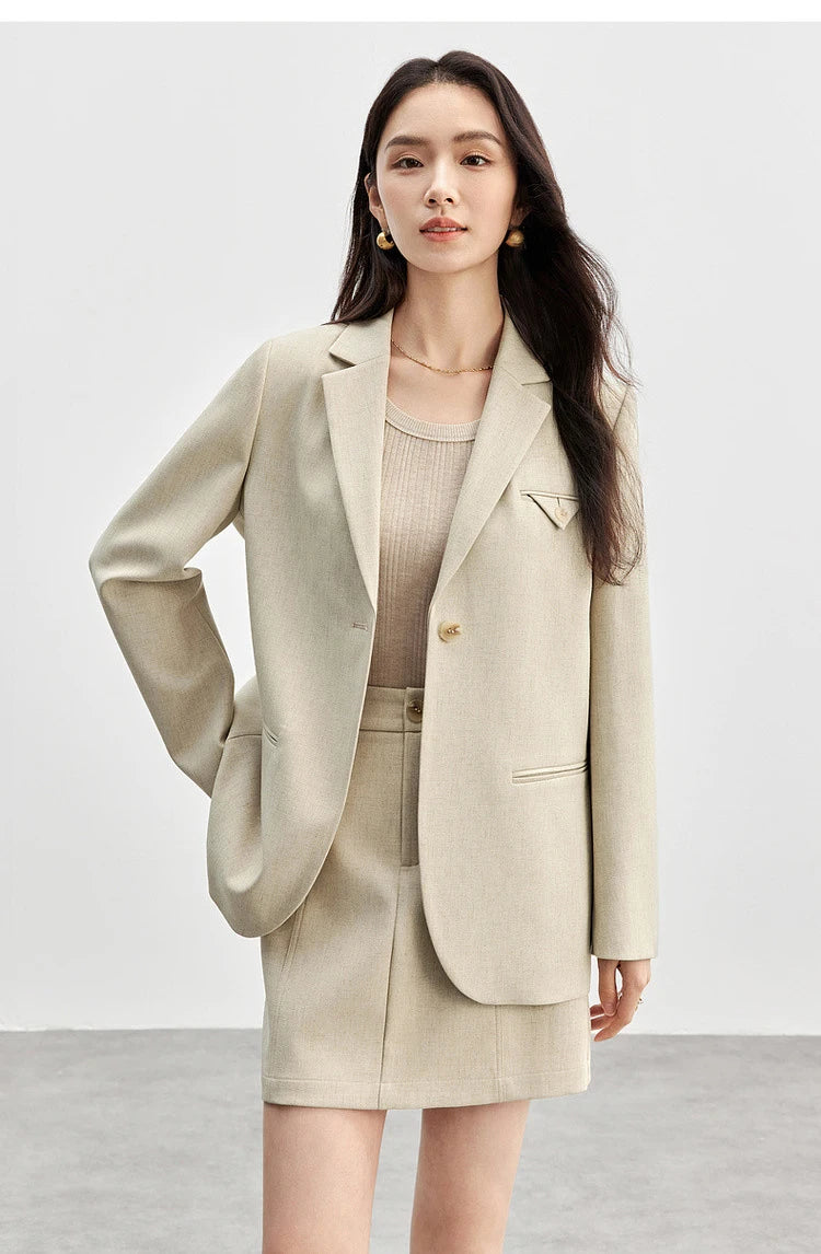 SENTUBILA Trajes de falda para mujer, mezcla de lino, hombreras, blazer de un solo botón, faldas mini sólidas y elegantes, conjuntos de dos piezas 151Z58181