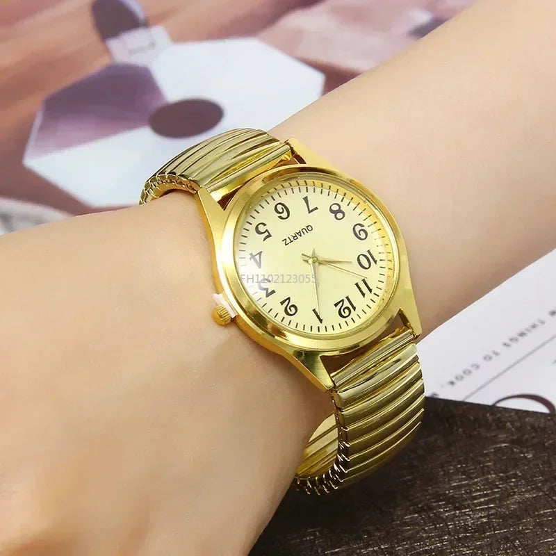 Relojes de pulsera para hombre y mujer, correa de acero inoxidable, aleación, para amantes, movimiento de cuarzo, correa elástica