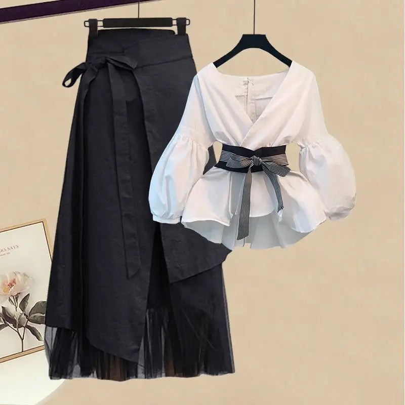Conjunto de 2 piezas de falda y top, primavera verano casual, cuello en V, top holgado, conjuntos de falda, moda coreana, ropa de mujer