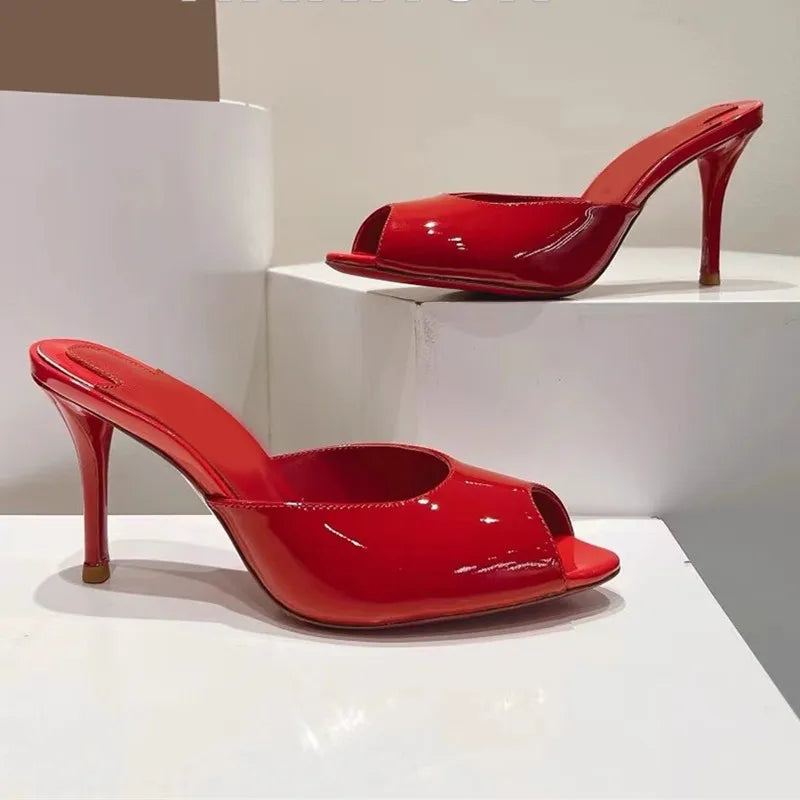 Women Luxury High Heeled Shoes for Woman's Peep Toe Pointed Toe Patent Leather Pumps Sexy Ladies Stiletto Red Party Sandals