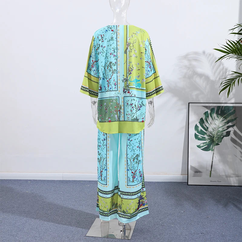 Conjunto de pantalones largos estampados para mujer, elegante camisa de manga larga con cuello en V, pantalón ancho holgado, traje de verano de 2 piezas para mujer, estilo urbano