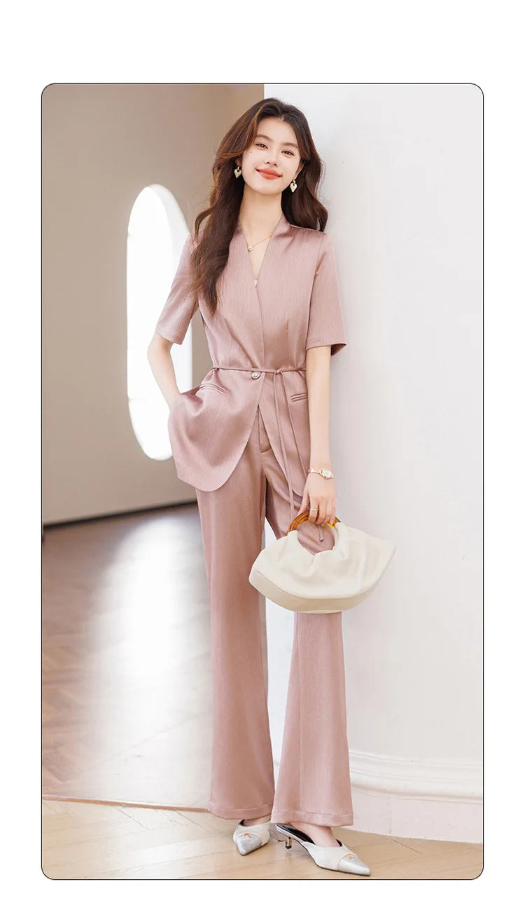 Damebuksedress med belte Sommer Kortermet V-hals Blazer og bukser Sett Elegant Kontorarbeidstøy Lilla Mote 2025