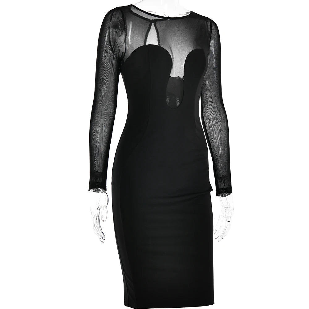 Articat Sexy Malla Patchwork Vestido Rojo de Navidad Mujer Manga Larga Ajustado Perspectiva Vestido de Noche Elegante Fiesta Club Vestidos