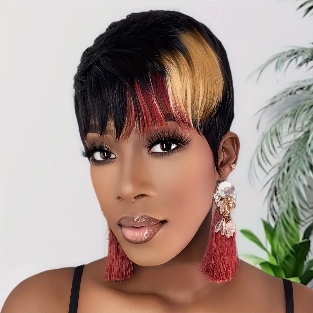 daily party use wig short straight human hair wig machine made pixie wig black red color for women pixie cut wig
