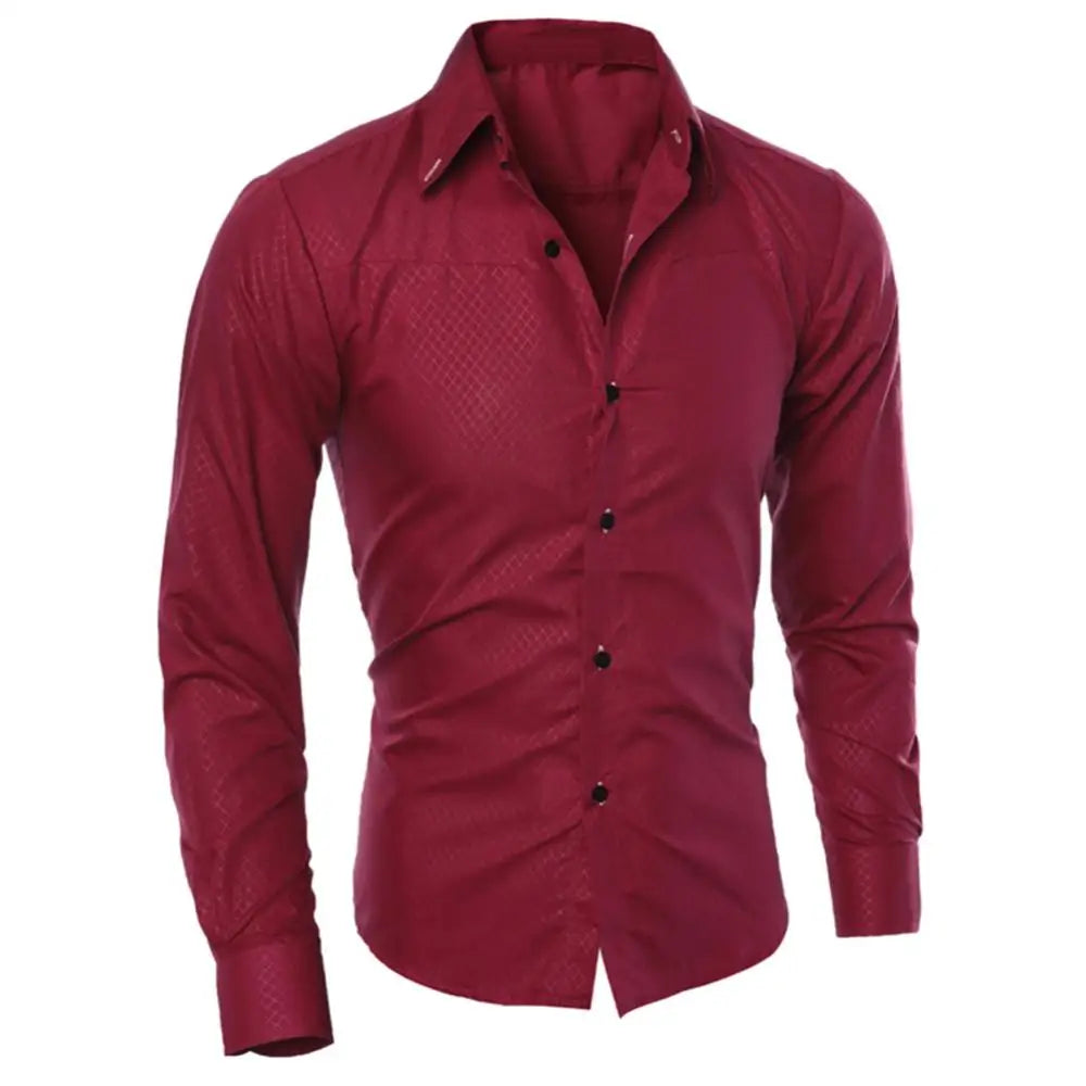 Camisa de vestir de negocios para hombre, de lujo, informal, social, formal, con solapa, manga larga, corte ajustado, color liso