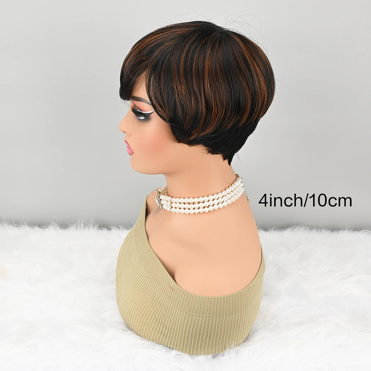 Highlight Synthetic Ombre Black Brown Short Straight Pixie Cut HairStyle Wigs With Bangs