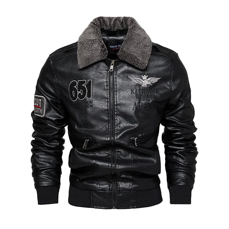 Chaquetas de moto para hombre de moda otoño/invierno casual de cuero bordadas estilo aviador en invierno terciopelo PU Jacke
