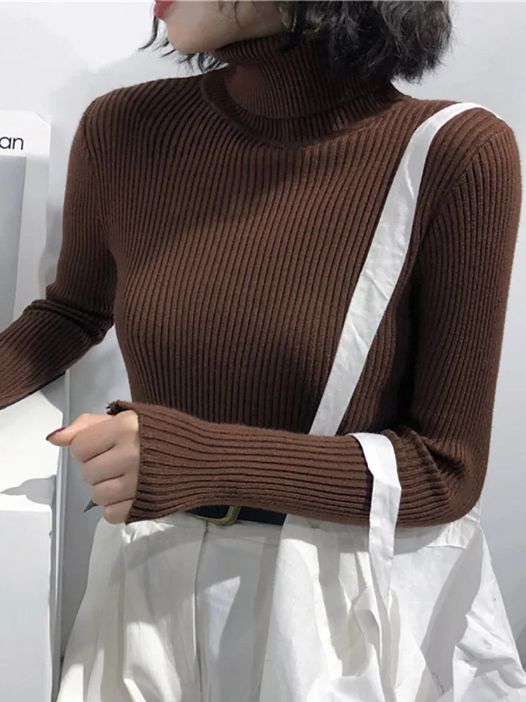 Jersey de cuello alto para mujer, blusa de otoño e invierno, jersey coreano ajustado para mujer, suéter de punto, jersey para mujer, invierno