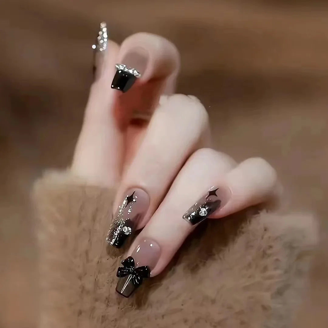 24 Pcs Uñas postizas cuadradas cortas estilo ataúd, uñas postizas francesas con brillo, uñas acrílicas de cubierta completa para mujer, puntas de uñas a presión tipo ballet