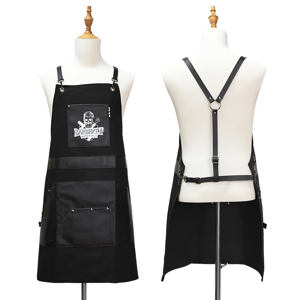 Delantales de barbero, uniforme de cocina para peluquero, delantal impermeable de tela con bolsillo para salón de barbería