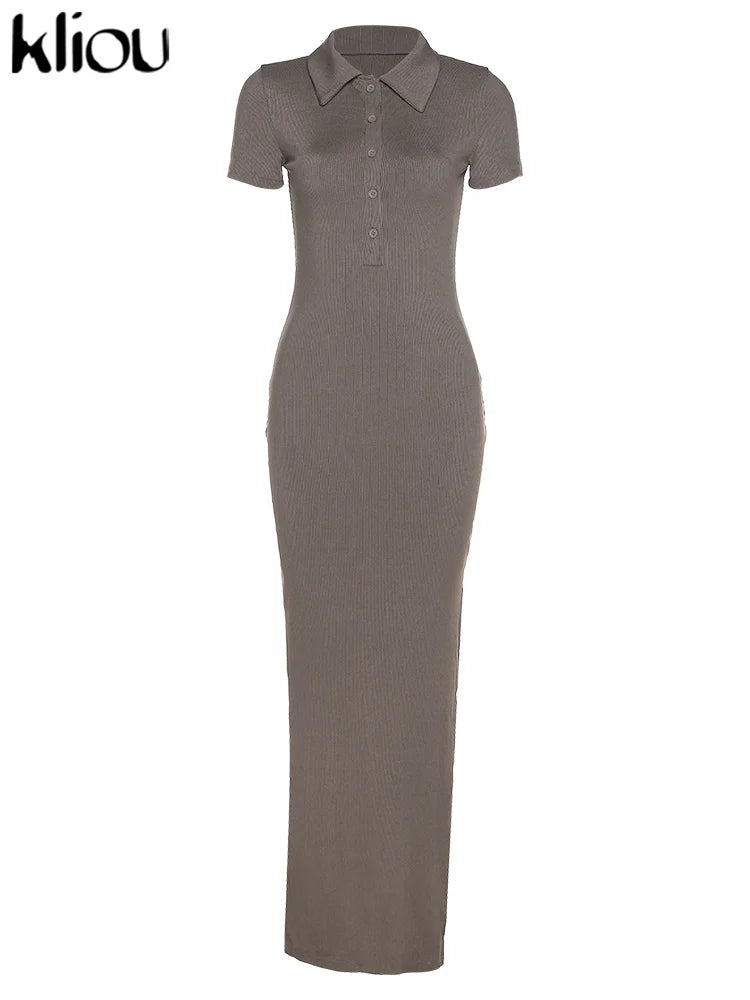 Kliou Elegante Vestido Largo de Oficina para Mujer Color Liso Cuello Vuelto Manga Corta Botones Abertura Lateral Moldeador de Cuerpo Estilo Urbano