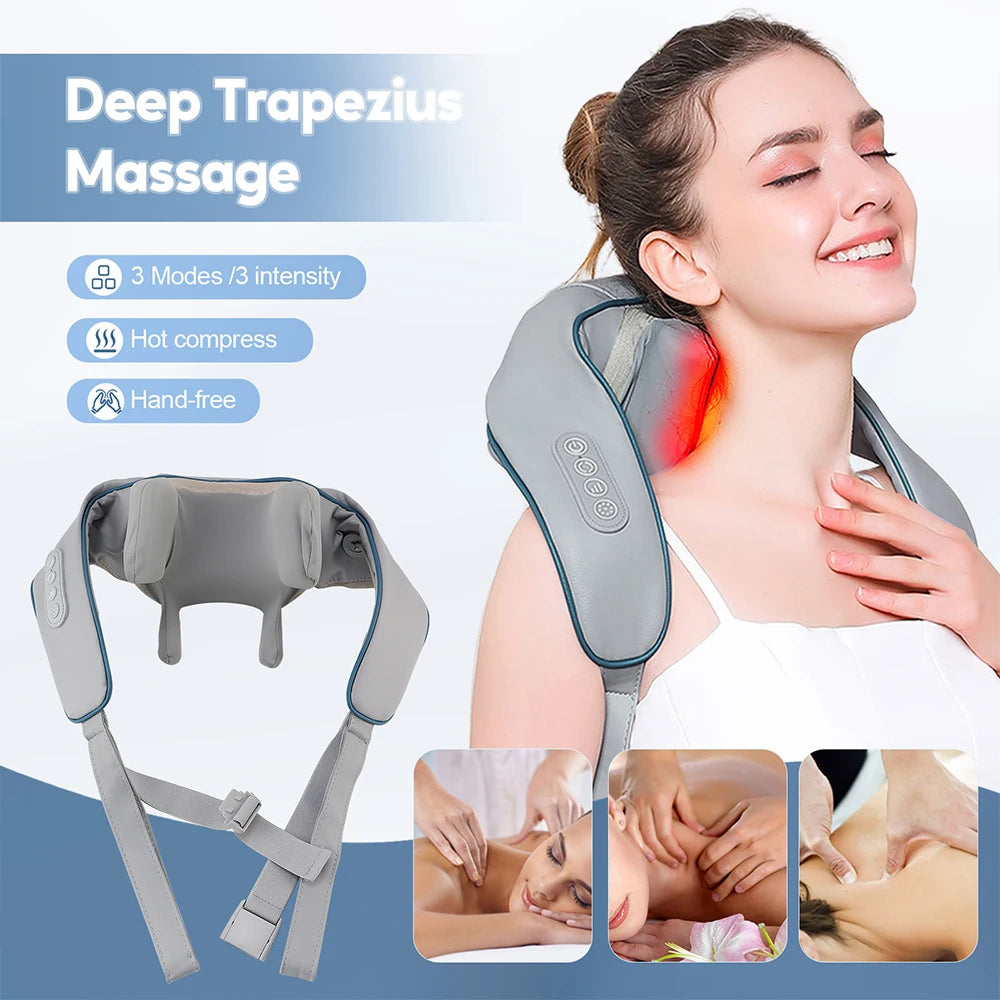 Chal de masaje eléctrico amasador de hombros, masajeador inalámbrico automático de cuello y espalda, almohada de masaje relajante para los músculos de la espalda y el trapecio.