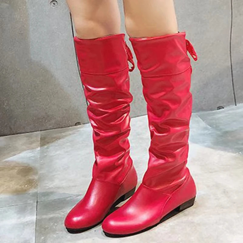 Shoes For Women Knee High Boots Red Black White Tall Boots Woman Pleated Low Heel Casual Leather Female Long Shoes