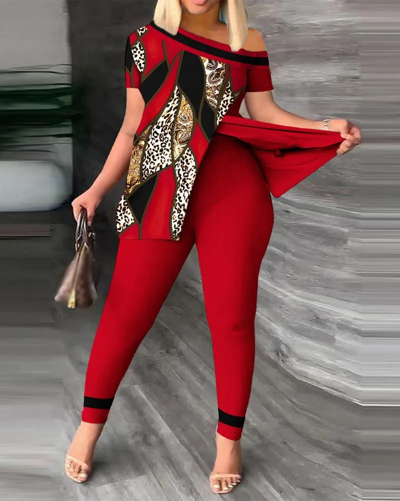 Conjuntos de dos piezas elegantes para mujer, nueva moda, estampado, top de manga con volantes, conjunto de pantalones de color sólido con cinturón, blusas, ropa femenina