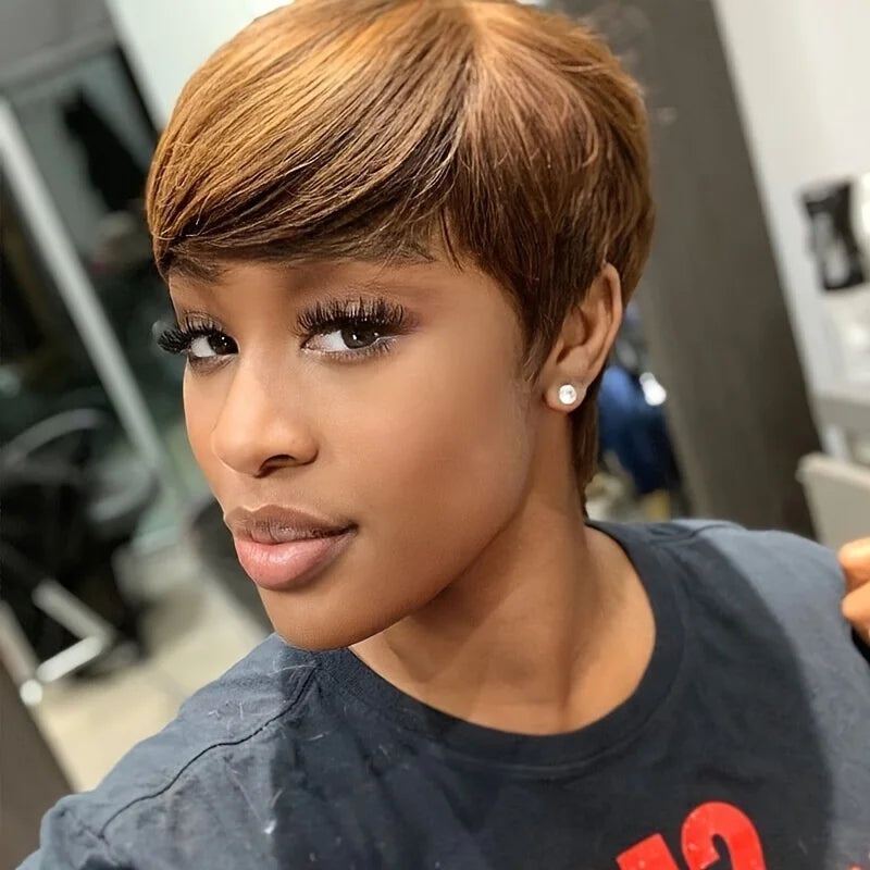 Short Pixie Cut Wigs Black Ombre White Synthetic Hair Wig with Bangs Heat Soft US