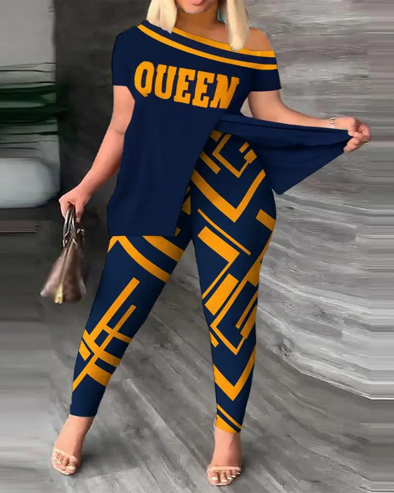 Conjuntos de dos piezas elegantes para mujer, nueva moda, estampado, top de manga con volantes, conjunto de pantalones de color sólido con cinturón, blusas, ropa femenina