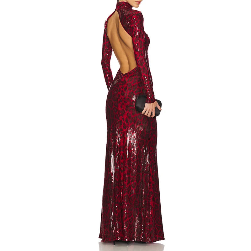 Vestido de Noche de Lujo con Lentejuelas Estampado de Leopardo para Mujer 2025 Moda Manga Larga Cuello Alto Vestidos sin Espalda con Cola Barrida