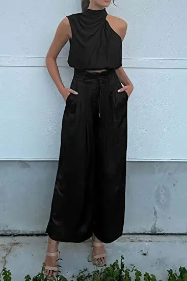 Ensemble deux pièces pour femme, pantalon ouvert au nombril, haut sans manches en soie plissée, pantalon large, ensemble assorti d'été 2024