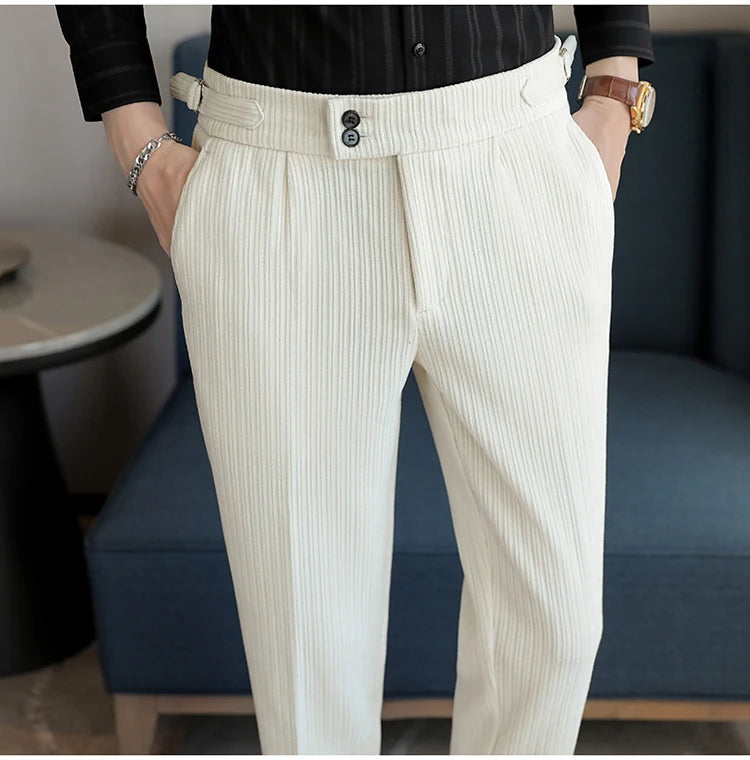 Nuevo pantalón informal de cintura alta de felpilla napolitana de lujo ligero para hombres, pantalón de vestir para hombres de ajuste delgado con sensación premium, pantalón