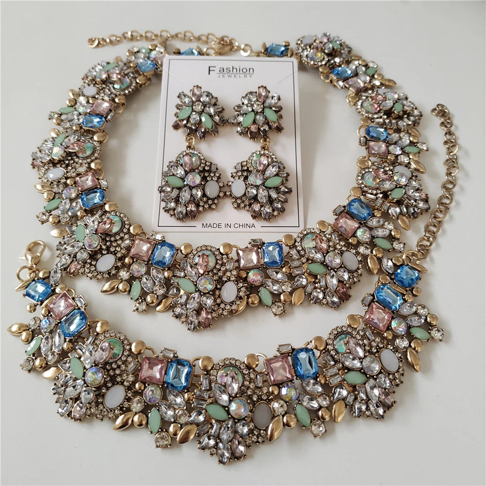 Nuevos conjuntos de joyas de lujo con cristales de estrás, collar, pulseras, pendientes, conjunto de joyas para mujer, boda india, declaración nupcial