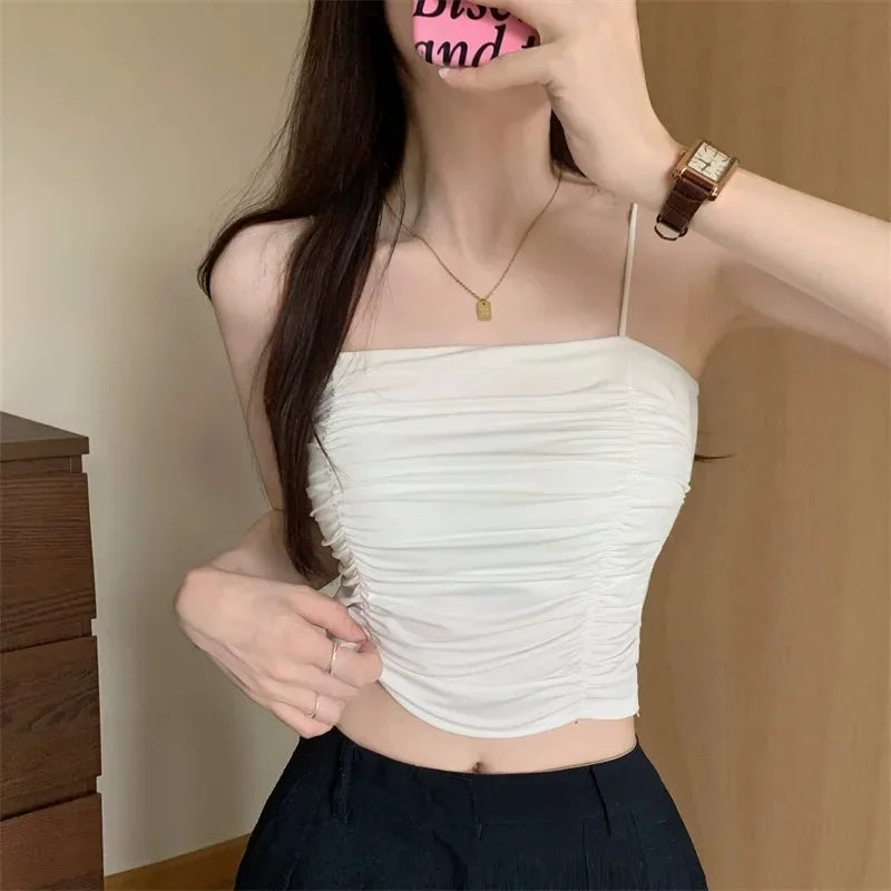 Camisetas sin mangas para mujer, tops sexys, tops de tubo para niñas con tirantes, camisola blanca para mujer, sujetadores acolchados, ropa de mujer, corsé.
