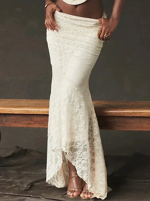 Ensemble 2 pièces jupe longue en dentelle et bandage pour femme, mode patchwork, dos nu, taille haute, élégant, à lacets