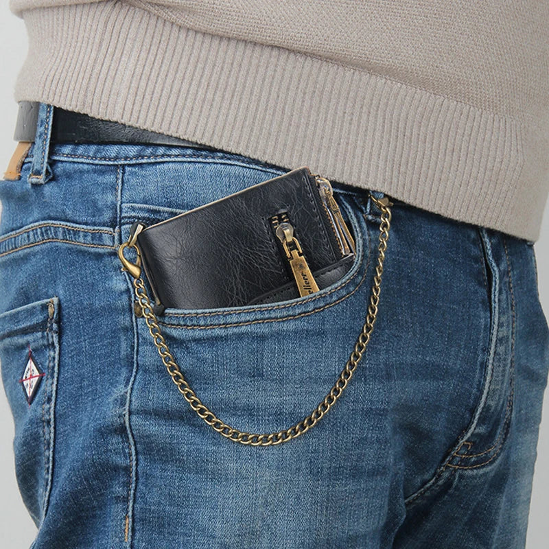 Billetera de lujo de piel sintética para hombre - Tarjetero con diseño de cadena corta, Monedero retro clásico (marca de alta calidad)