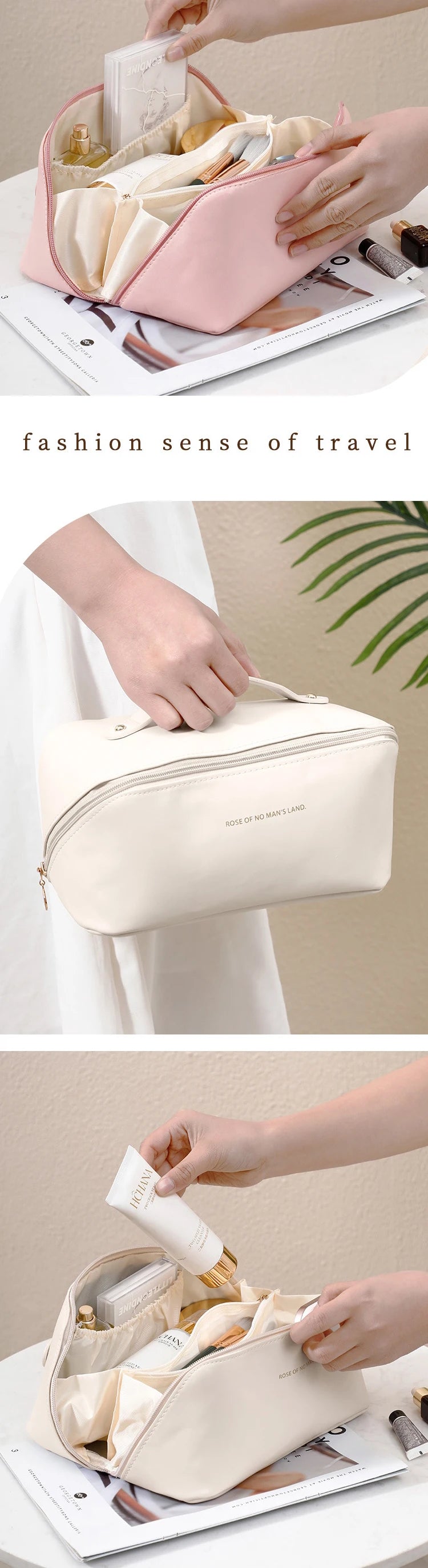 Bolsa de maquillaje PU a la moda y práctica, bolsa de almacenamiento de viaje, neceser de gran capacidad, bolsa de maquillaje con almohadilla de belleza para apoyar la mano