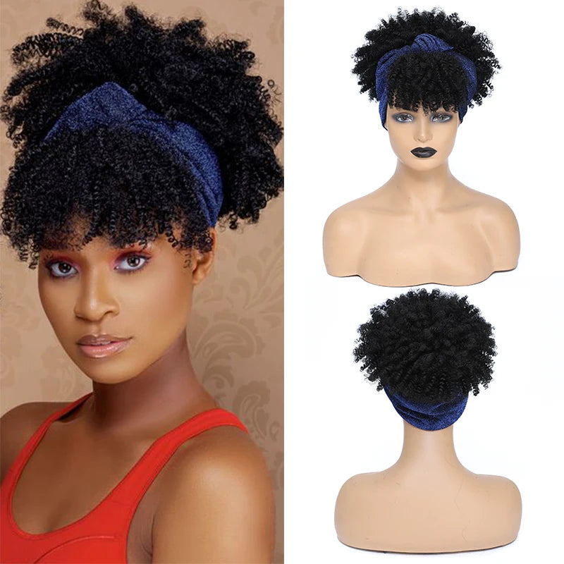 Afro Curly Headband Wigs Short Kinky Curly Wigs with Headbands Attached Scarf Wig For Women Synthetic Afro Puff Wigs with Bangs