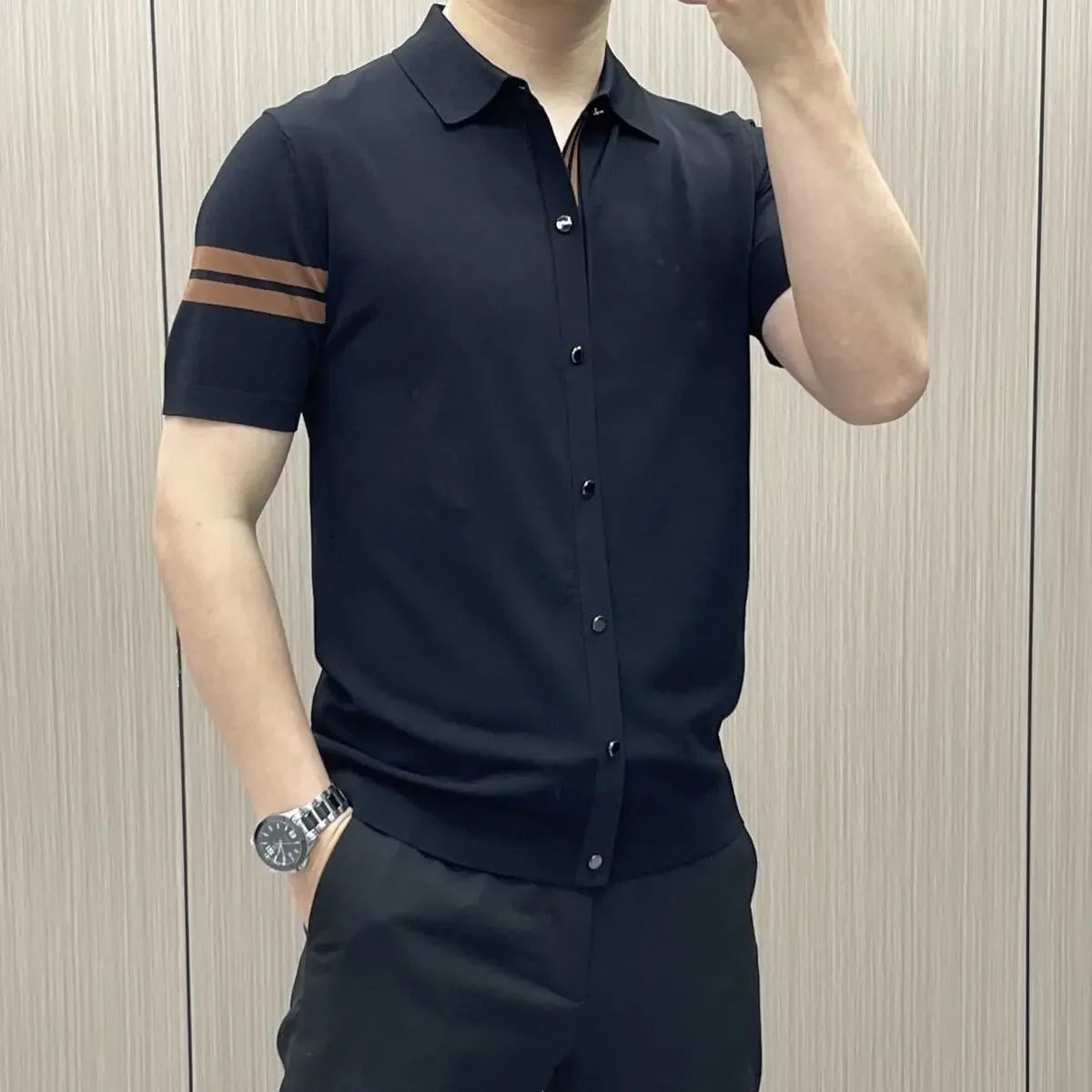 Camisa casual de negocios de lujo ligero para hombre, de manga corta, ajustada, a la moda, con personalidad y alta calidad