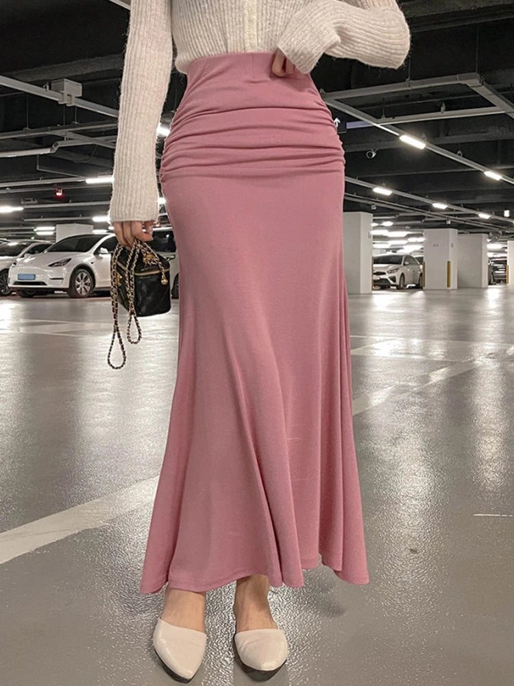 Faldas de satén fruncidas para mujer Falda de cintura alta para mujer Faldas elegantes línea A Falda midi rosa de verano Nuevo estilo coreano
