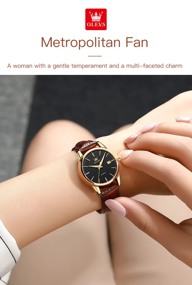 OLEVS 6898 Reloj de Mujer Original de Moda Reloj de Pulsera de Cuarzo Impermeable con Correa de Cuero Luminosa Doble Calendario Reloj de Señora