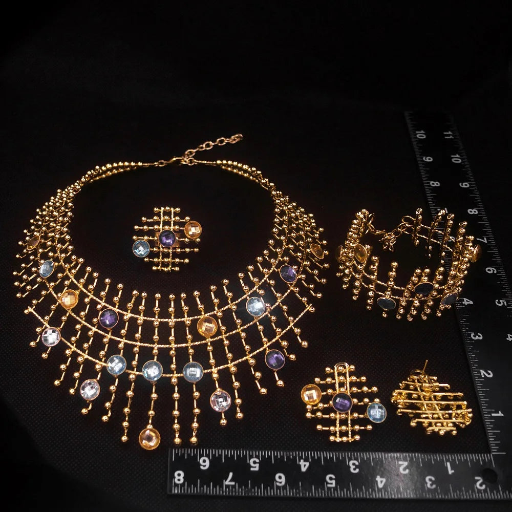 Juego de joyas de oro de 24 quilates para mujer, collar, cadena, pendientes, brazalete, anillo, con piedras multicolor