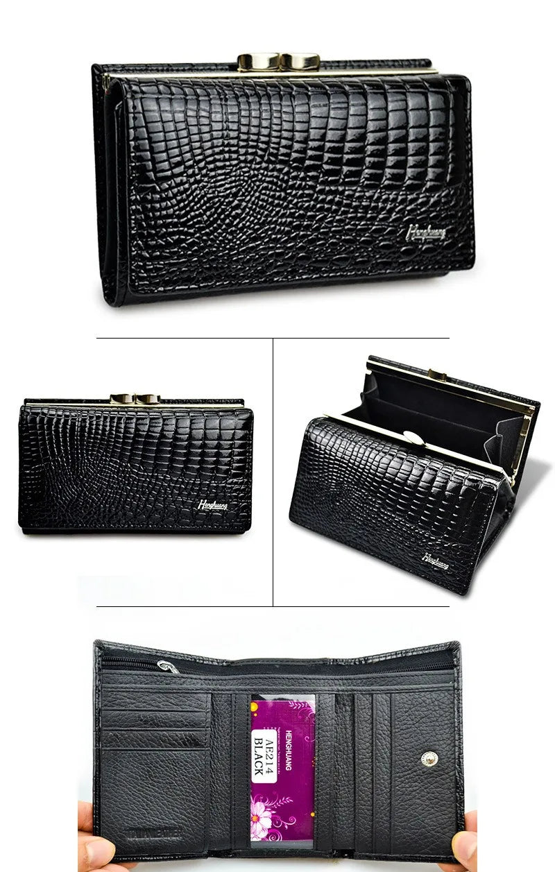 Cartera de piel charol de lujo para mujer Estilo euro-americano Monedero de diseñador Piel de vaca Patrón de cocodrilo Compacta Alta calidad