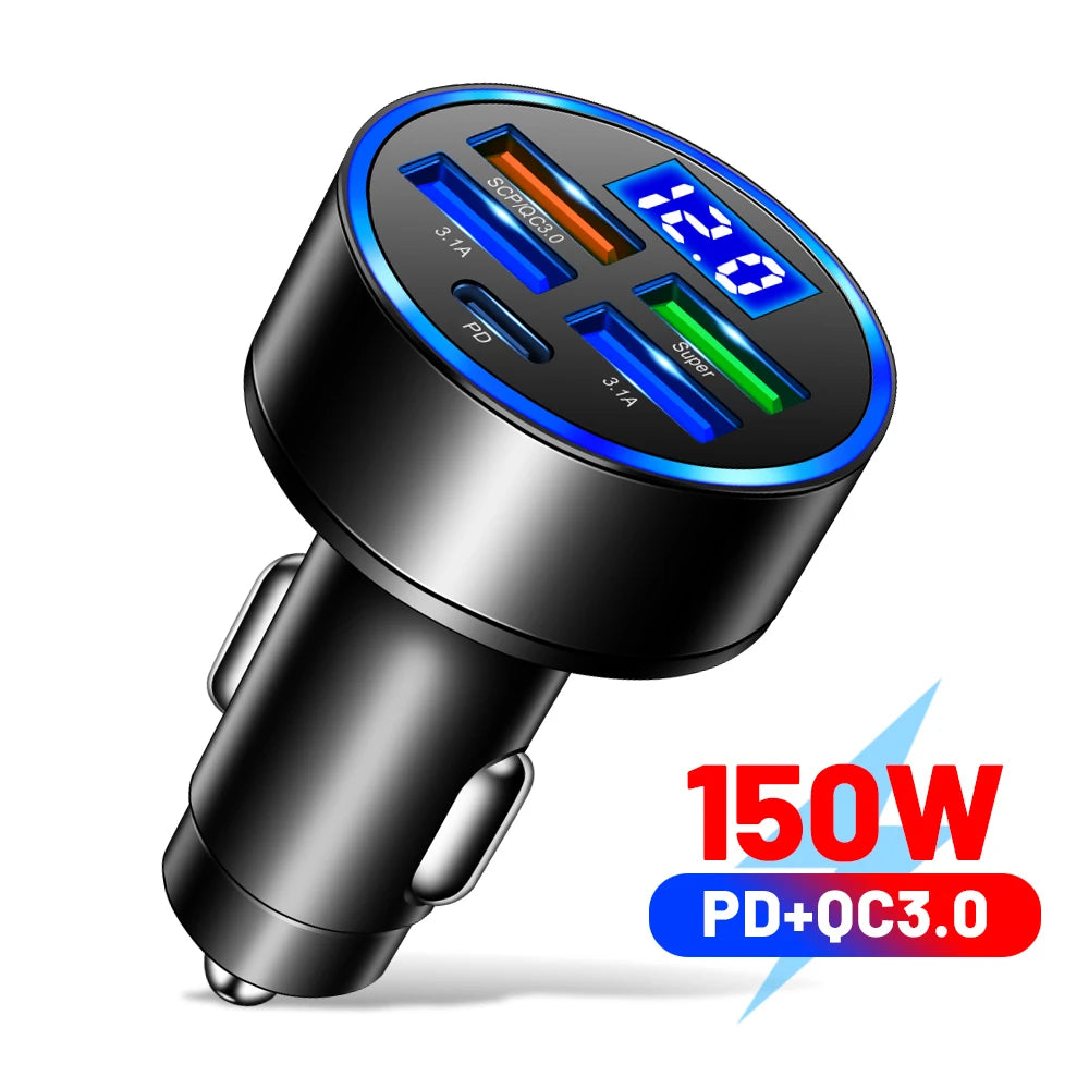 Cargador de coche PD 66-250W QC3.0 Carga rápida Seis en uno Enchufe encendedor de coche Cargador de coche Carga flash con pantalla digital