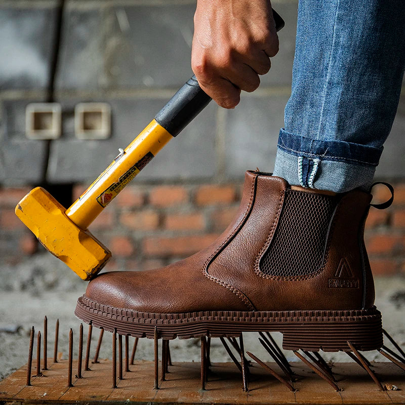 Zapatos de seguridad impermeables para hombre, botas de cuero con punta de acero, calzado masculino, botas de trabajo de construcción indestructibles, color marrón