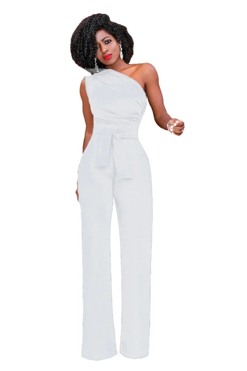 Damejumpsuit Ensfarget Skjev Krage Avskåret Topp Rette Bukser Belte Sexy Ermeløs Løse Bukser Elegant Sjarmerende Playsuits