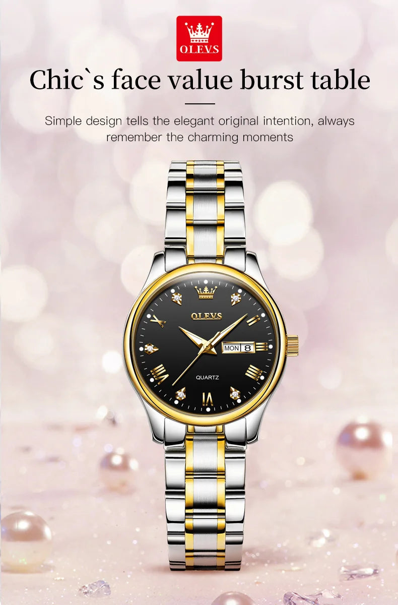 OLEVS Reloj de pulsera para mujer, relojes originales para mujer, de acero inoxidable impermeable, de lujo, de cuarzo, reloj de pulsera para mujer, dorado, Reloj Hombre